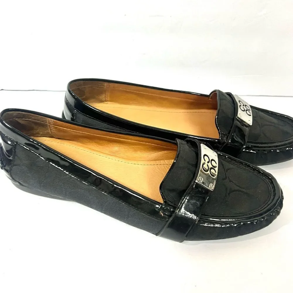Coach Black Signature Jacquard & Patent Leather Loafers with Silver Hardware Sz